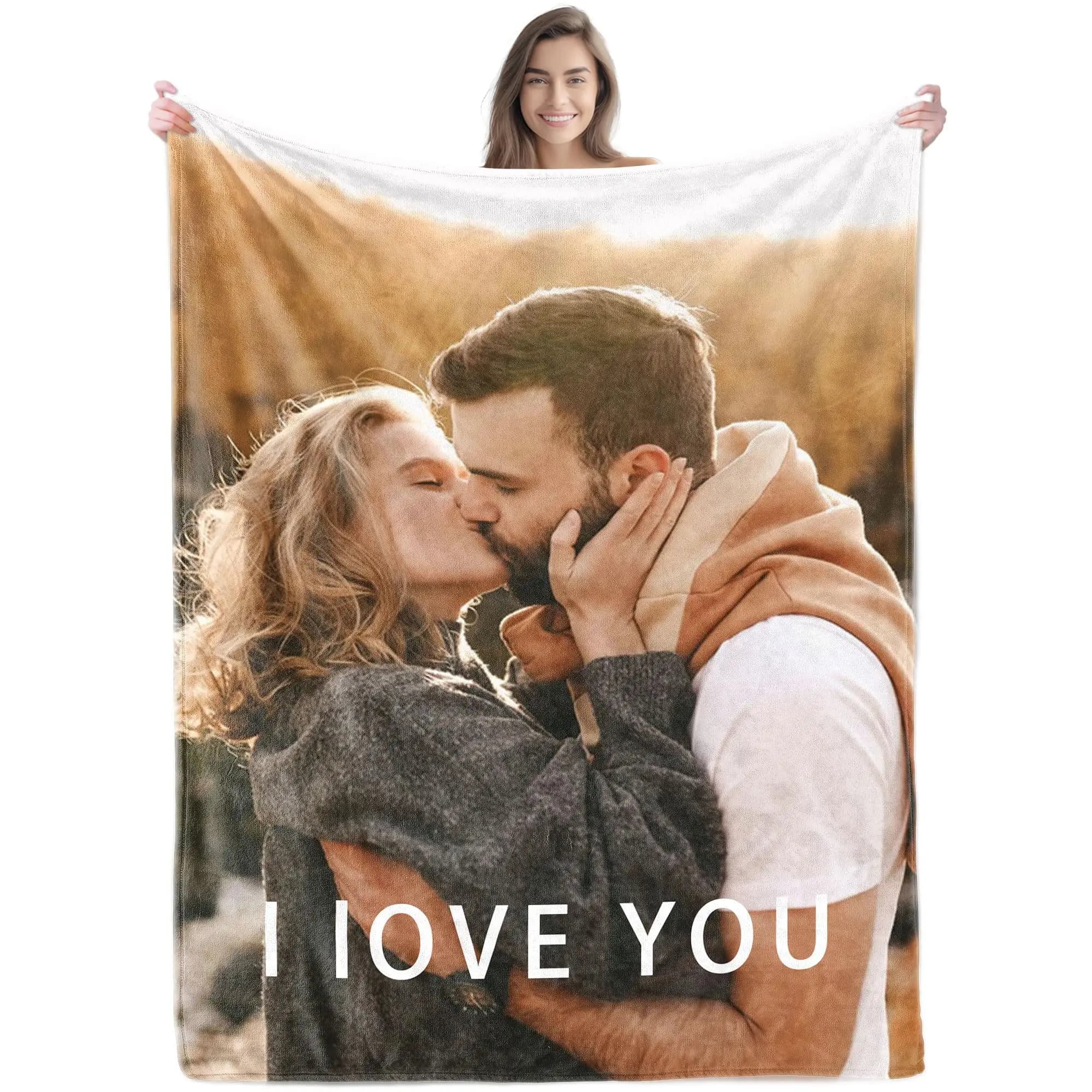 Customized Photo Blankets with Text, Personalized Gifts for Mom Dad Couple Friend Girlfriend Boyfriend Wife Husband