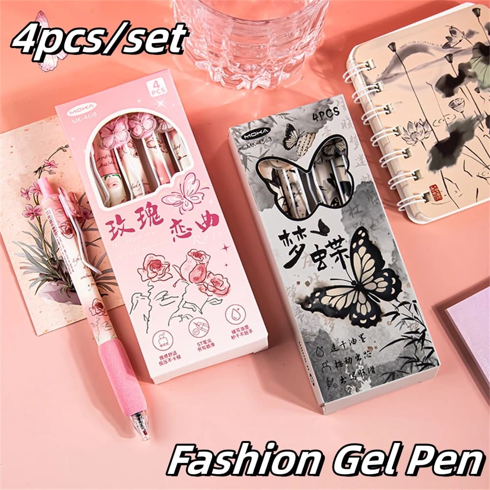 Set da 4 Penne Gel Romantiche a Forma di Rosa e Farfalla 0.5mm, Antistress, Resistenti, ad Asciugatura Rapida, per Studenti, Ideali per Esami e Ritorno a Scuola