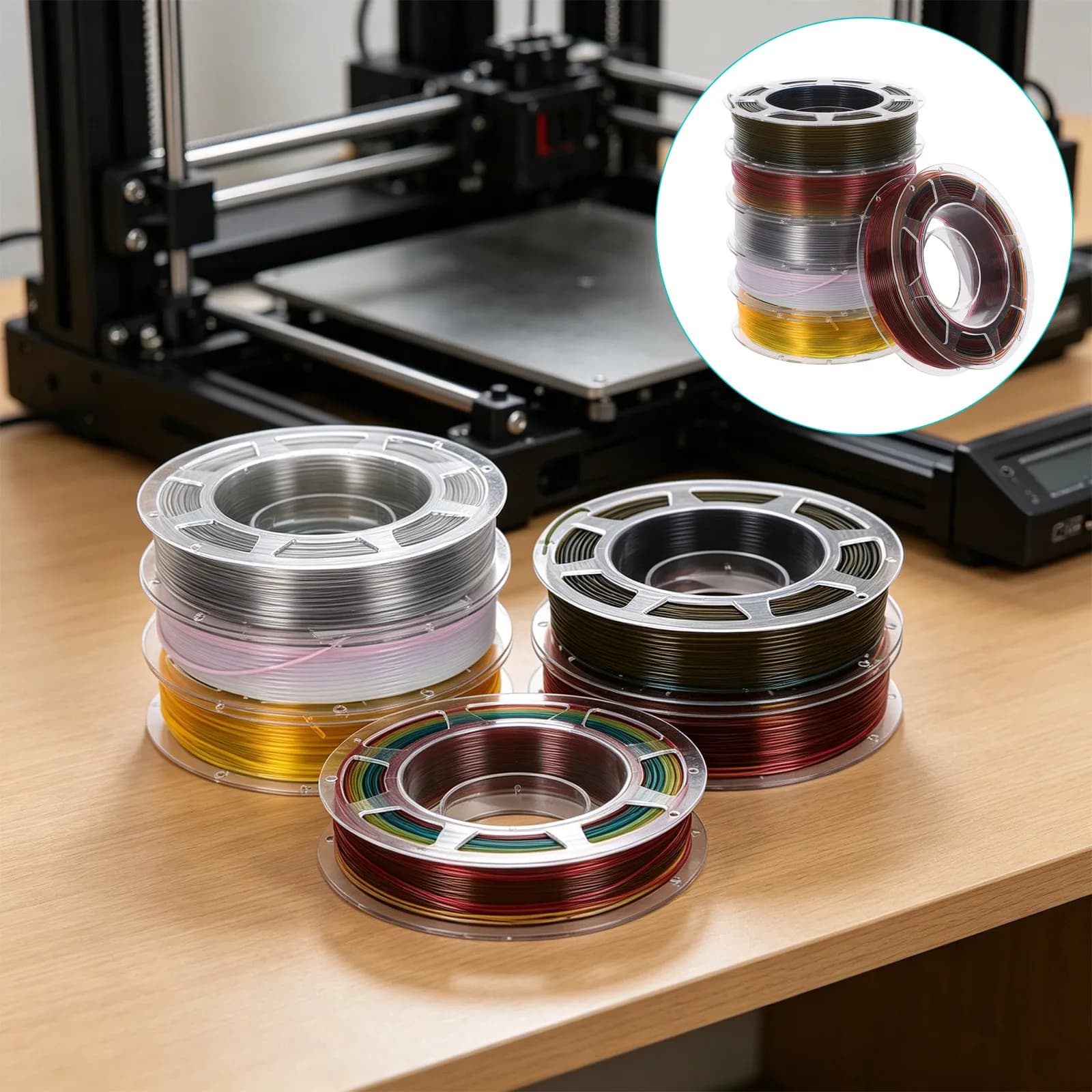 6 Rolls Pla Filament Bundle 3D Printer Supply Transparent Multicolor Rainbow Spool Clear Pastel Filament for Creative DIY