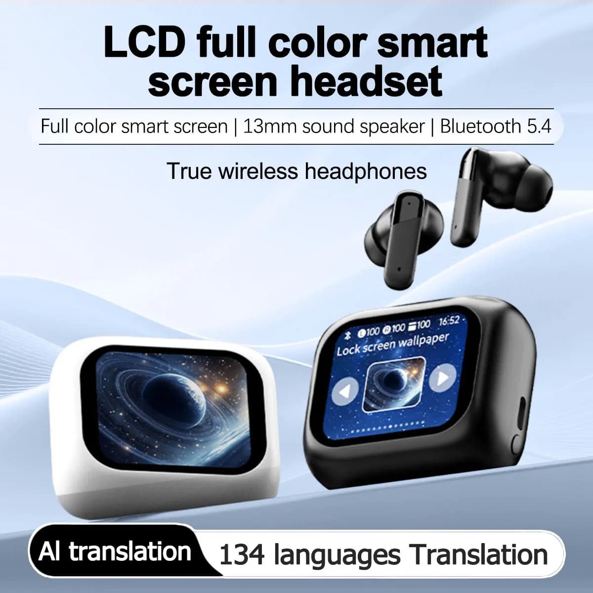 Auricolari Bluetooth con Traduzione AI, Supporto per 134 Lingue, Audio Surround HiFi, Schermo LCD Touch a Colori e Lunga Durata della Batteria