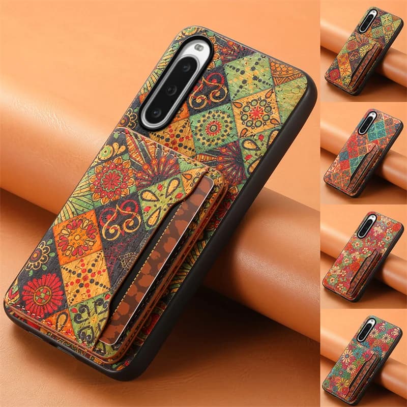 Magnetic wallet phone case in leather with retro floral figure for Sony Xperia 1V 1IV 5III 5IV 10V 10IV 1VI Card holder back cover