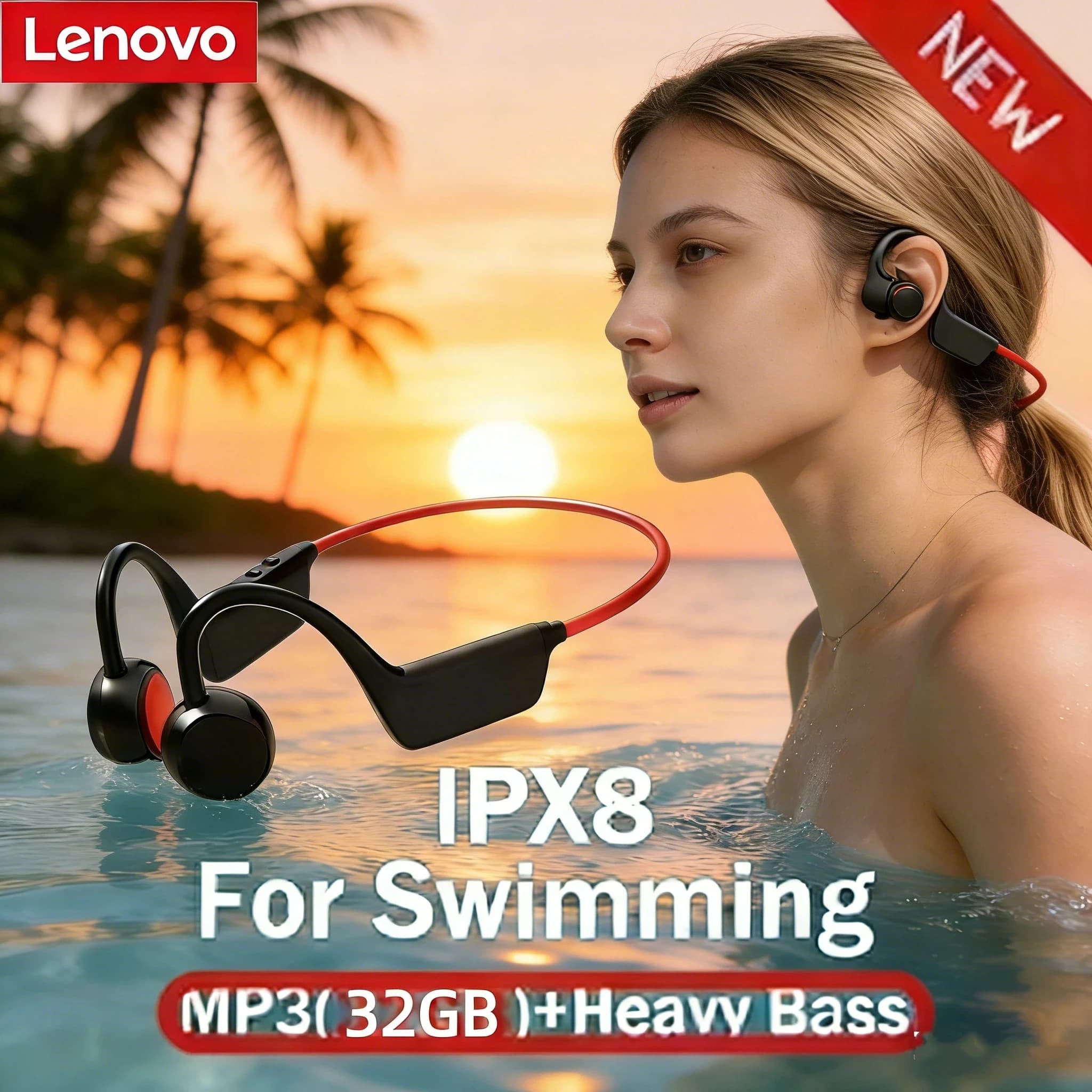 Cuffie a Conduzione Ossea Lenovo, Auricolari Wireless per Nuoto e Sport, IPX8, 32GB, Bluetooth 5.4 con Microfono, Impermeabili per Esercizio e Fitness