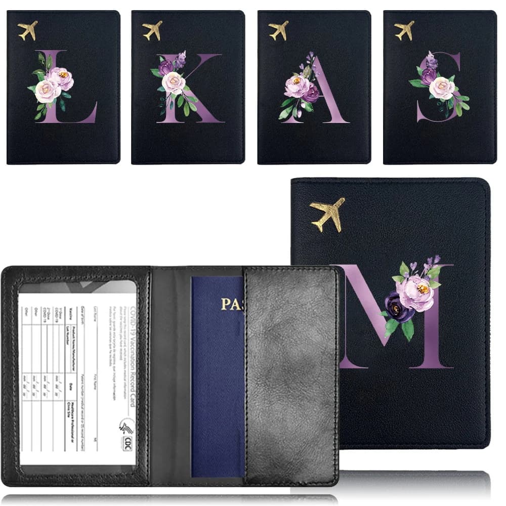 Porta Passaporto in PU, Custodia per Passaporto, Organizzatore per Carte Bancarie e Biglietti da Visita, Portafoglio con Blocco RFID, Motivo a Lettere Viola