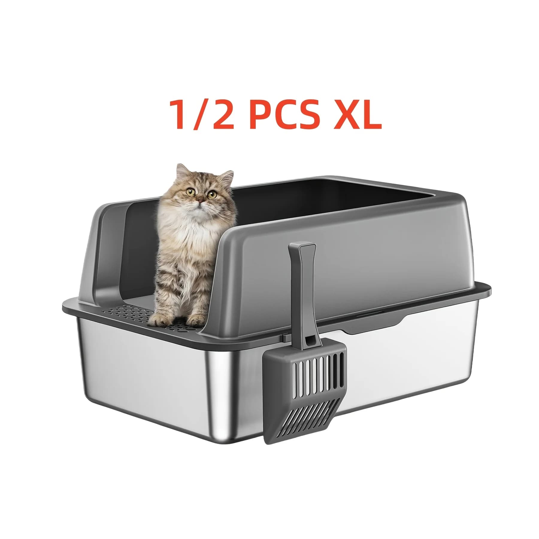 MISOFOG Lettiera per Gatti in Acciaio Inossidabile, 1/2 Pezzi, Lettiera XL Extra Large per Gatti Grandi, con Bordi Alti e Coperchio, Anti-Perdita, Antiaderente, Include Paletta