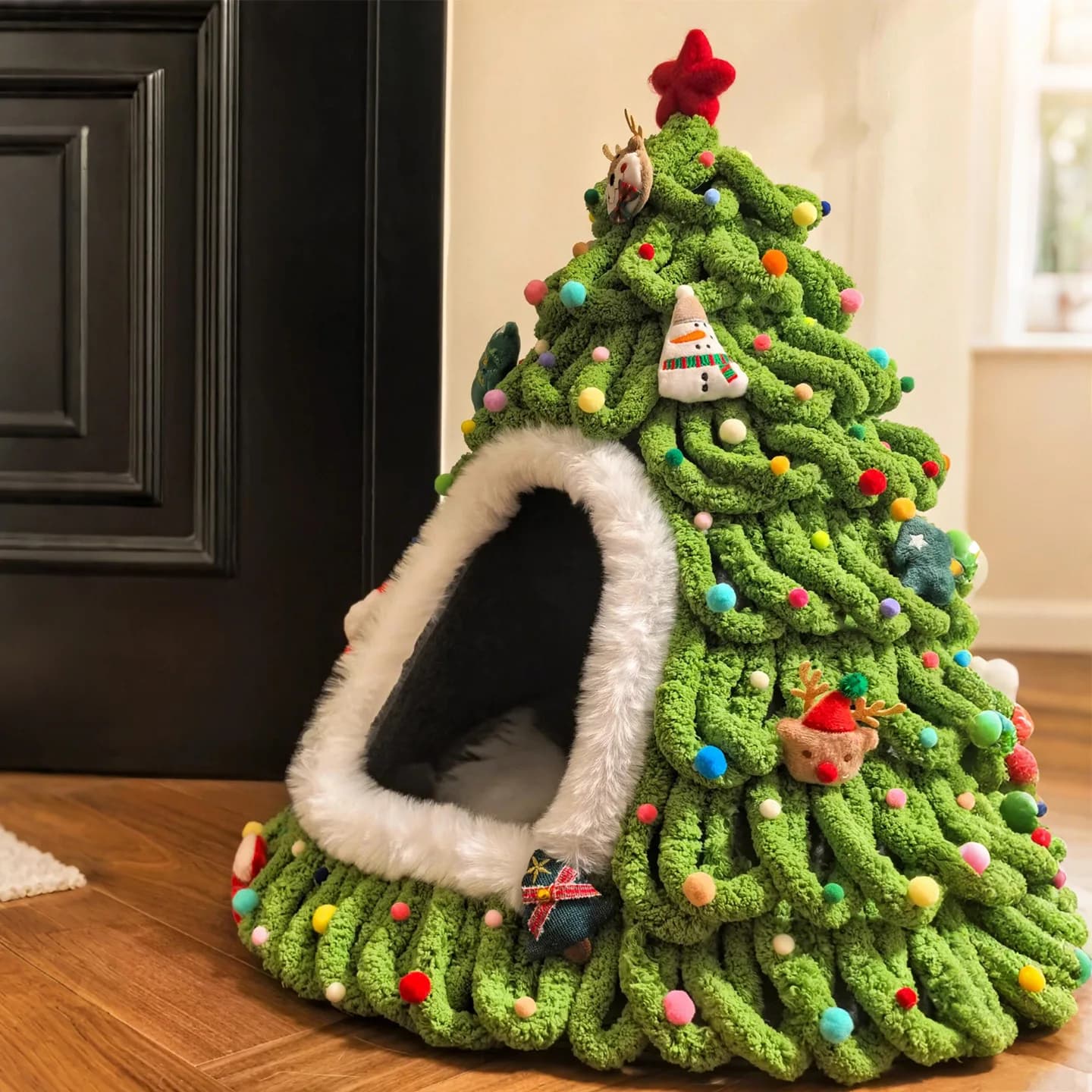 New Christmas tree style woven cat nest, winter warm pet nest, velvet hand woven large space dog nest, pet Christmas gifts