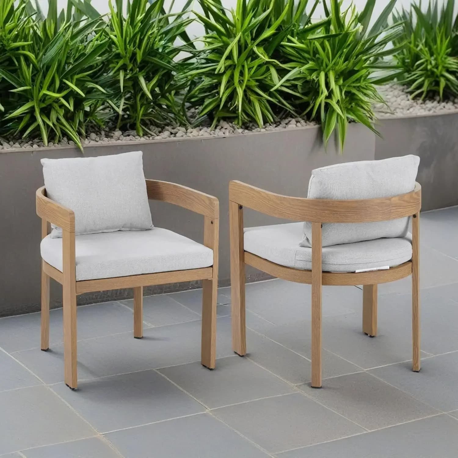 Set di 2 sedie da pranzo in alluminio con braccioli, cuscini, poltrone a botte con finitura effetto legno, sedute comode, set di sedie laterali da cucina Balc