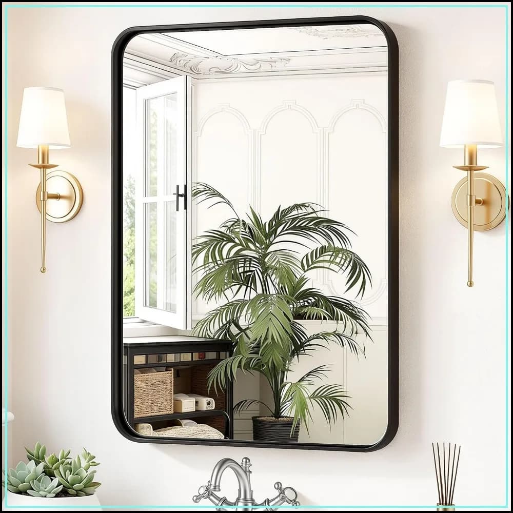 36x24 Inch Wall Mirror, Rounded Rectangle, Matte Black Frame, for Bathroom, Living Room