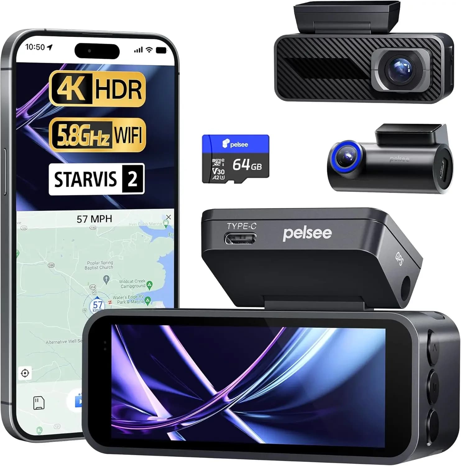 Dash Cam P1 Pro 4K Anteriore e Posteriore, Sensore STARVIS 2, Scheda da 64GB, Telecamera Doppia per Auto con Visione Notturna a Colori, HDR WDR
