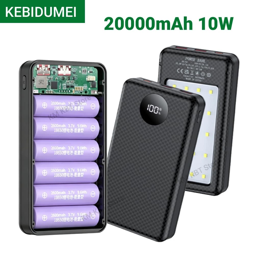 KEBIDUMEI DIY Custodia Power Bank per 6 Batterie 18650, Caricabatterie Portatile da 10W con Luce LED per Telefono Cellulare
