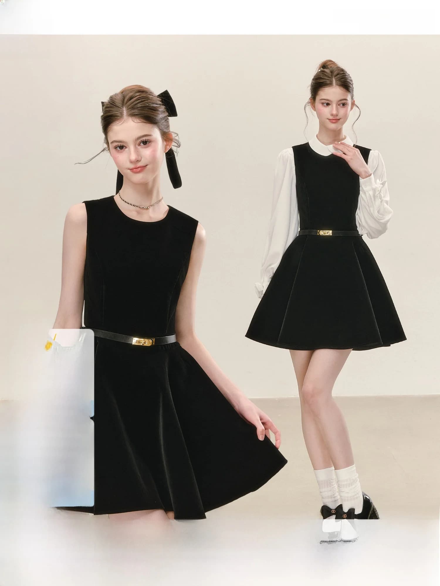 Abito Elegante QDQD in Velluto Nero, Vestito Senza Maniche con Vita Stretta, Stile Semplice e Raffinato, Moda Femminile