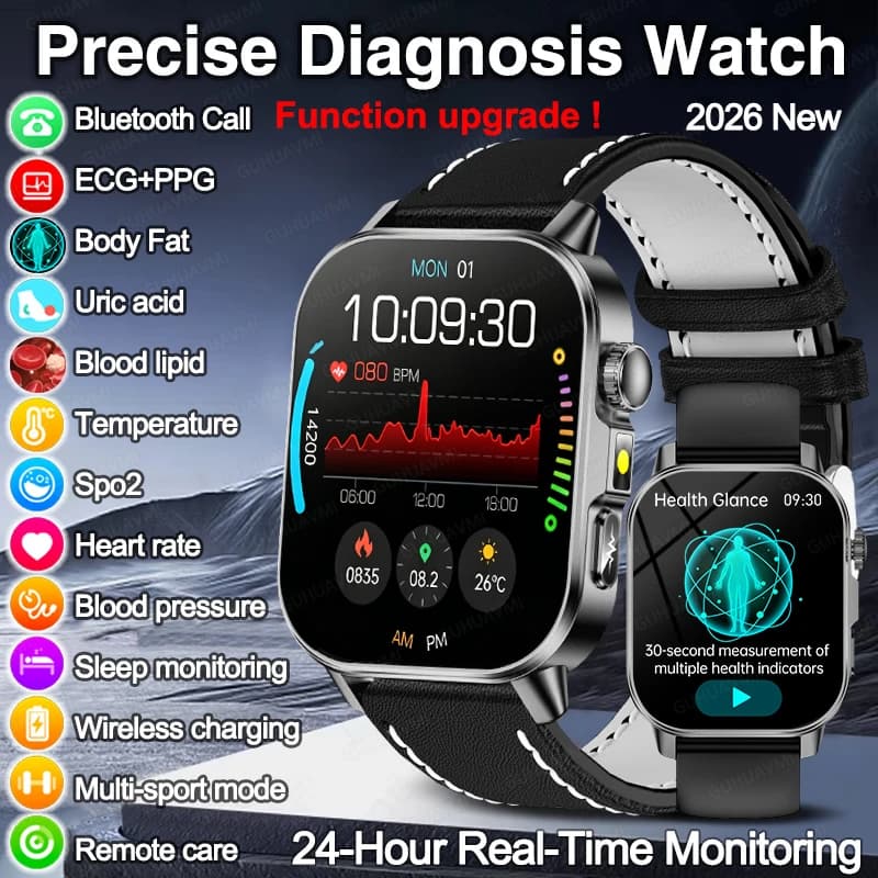 Nuovo Smartwatch per la diagnosi accurata della salute con ECG, misurazione di pressione sanguigna, grassi nel sangue, acido urico, ossigeno nel sangue, temperatura, chiamate Bluetooth, per uomo