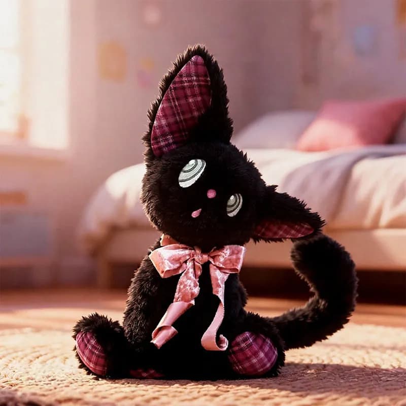 HERBERRY Simpatico Peluche Gatto Nero con Grandi Occhi, Orecchie a Quadretti Rosa, Fiocco in Velluto, Morbido Cuscino per Dormire, Regalo di Compleanno per Bambini e Adulti