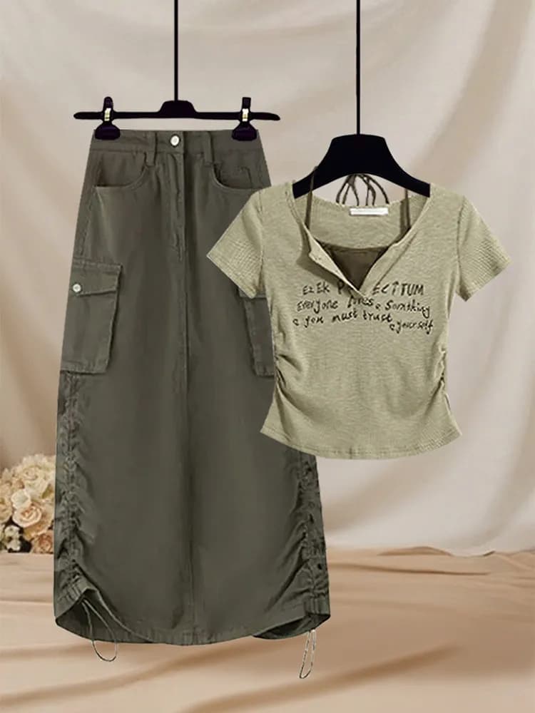 Summer Workwear Style Set High Waist Neck Hanging Top Casual Half Skirt Two Piece Set Slimming Effect Vintage Fake Two-Piece