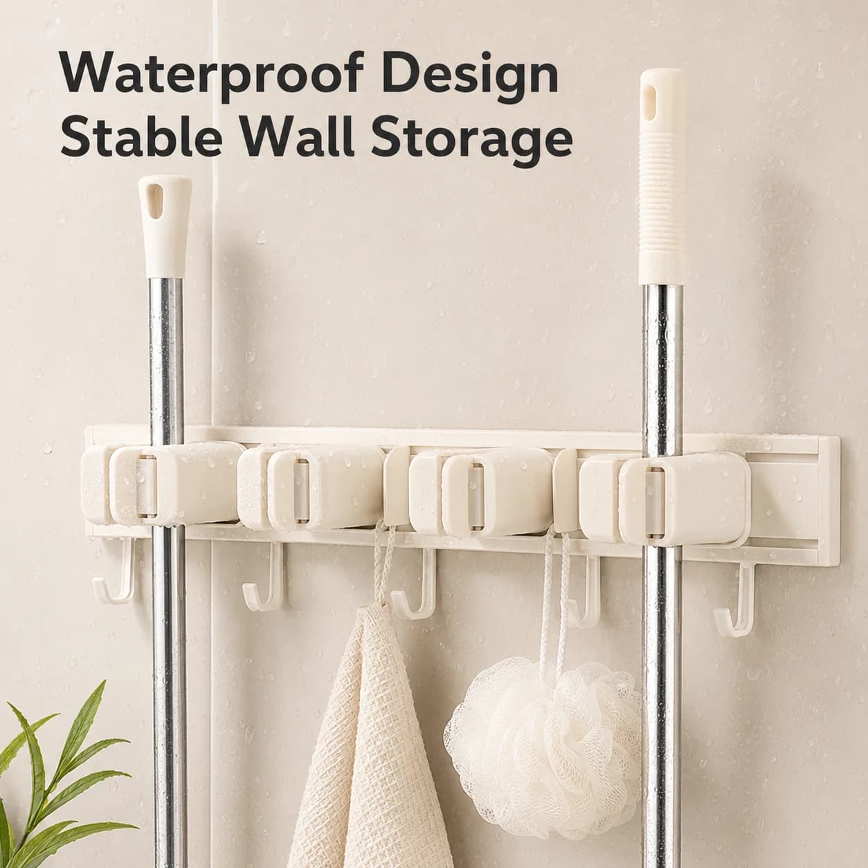 Wall Mounted Mop Holder No Drilling, Bathroom Broom Organizer with Hooks, Self Adhesive Cleaning Tool Storage Rack