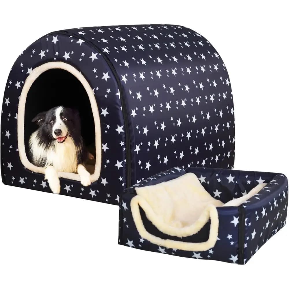 Dog bed, 2 ways to use, home for domestic pets with soft mat, removable cover and washable, anti-slip house and bottom, for L