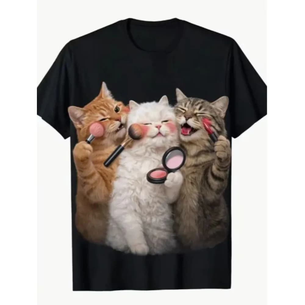 Funny Makeup Three Cats 3D Print Men T Shirt Round Neck Loose Summer Casual Streetwear Soft Short Sleeve Tee