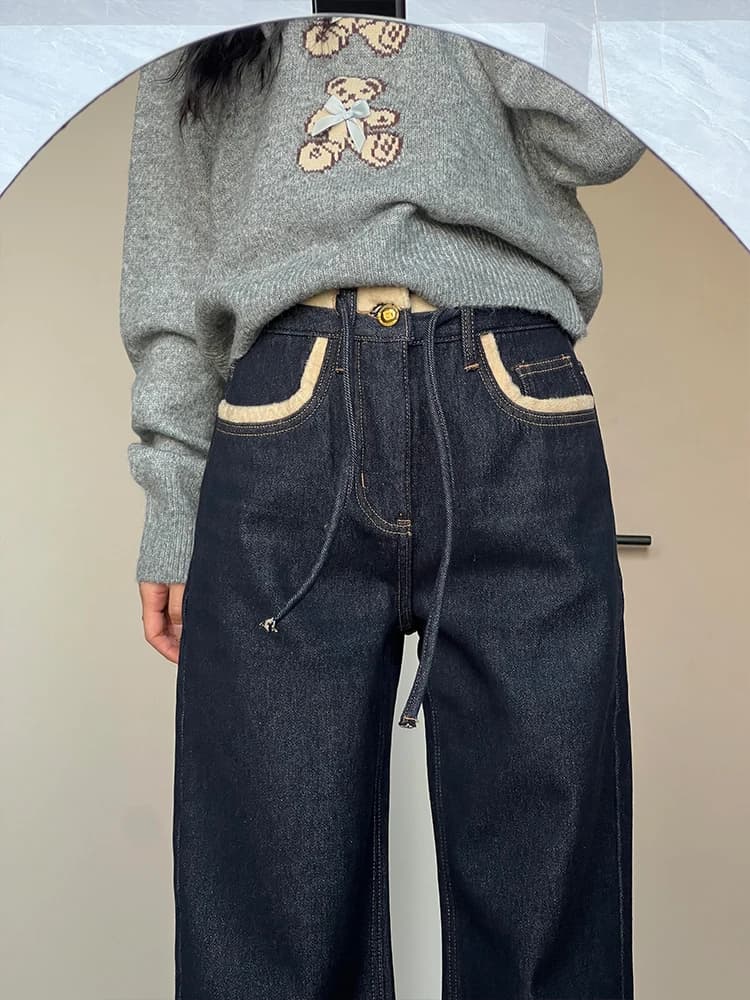 Blue Contrast Color Splicing Design Fleece Lined Wide Leg Denim Jeans Women's Autumn Winter High Waist Thickened Warm Straigh...