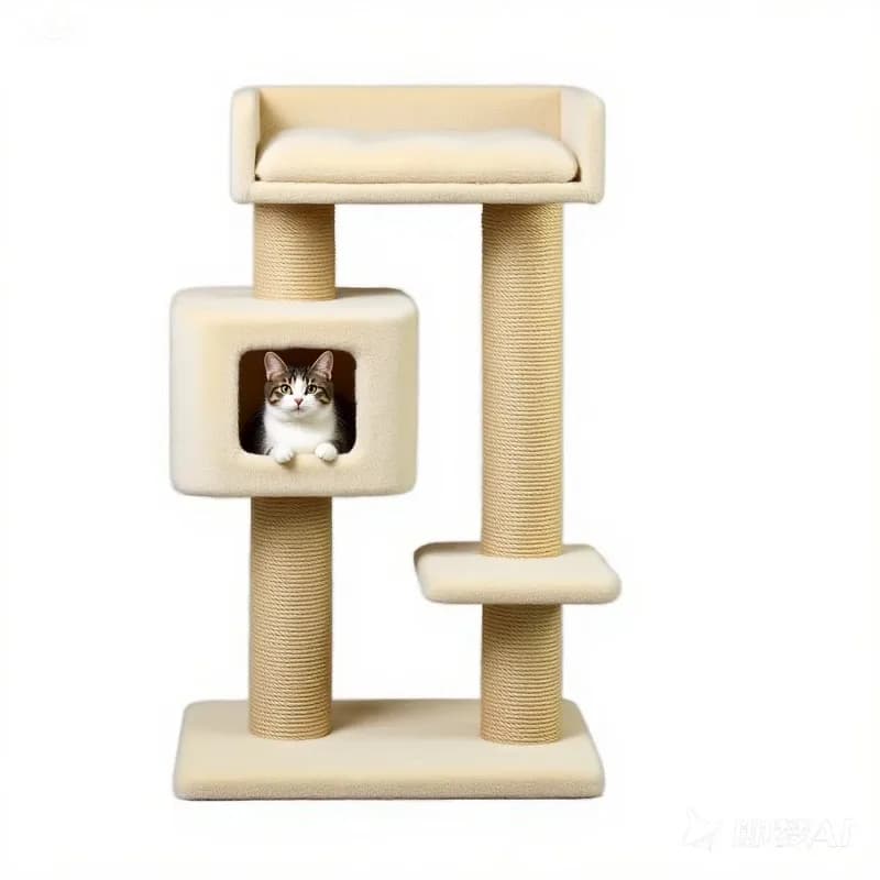 Raschietto multistadio beige grande per albero per gatti casual con colonna in sisal resistente con cuscino