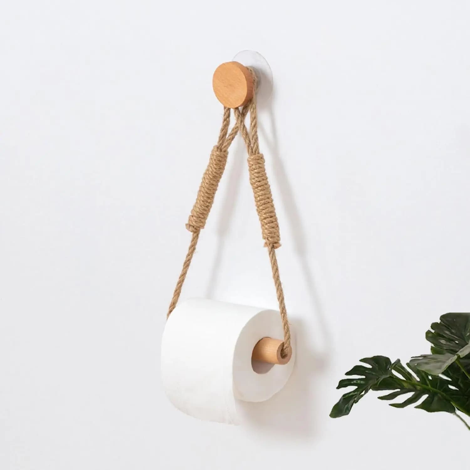Portarotolo da Parete Rustico in Legno e Corda, Accessorio Bagno Nautico in Rattan con Vite Autoadesiva