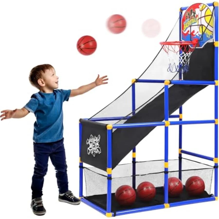 Set da gioco arcade con canestro da basket, 4 palloni e pompa ad aria, giocattoli sportivi per interni ed esterni