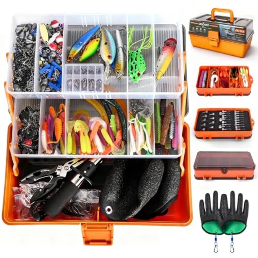 Kit large fishing gear box with 3 layers organizer and small box with 417 pieces includes fishing gloves B weight hooks