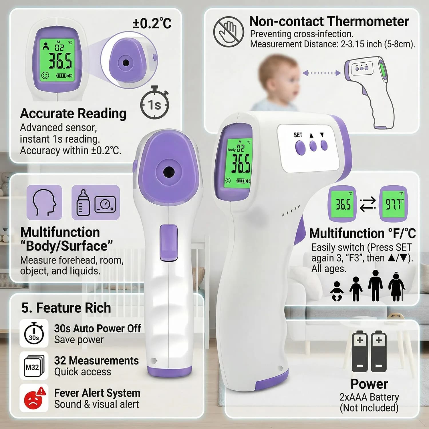 Termometro digitale a infrarossi per la fronte, senza contatto, clinico, elettronico, medico, per neonati e adulti, misuratore di temperatura senza contatto.