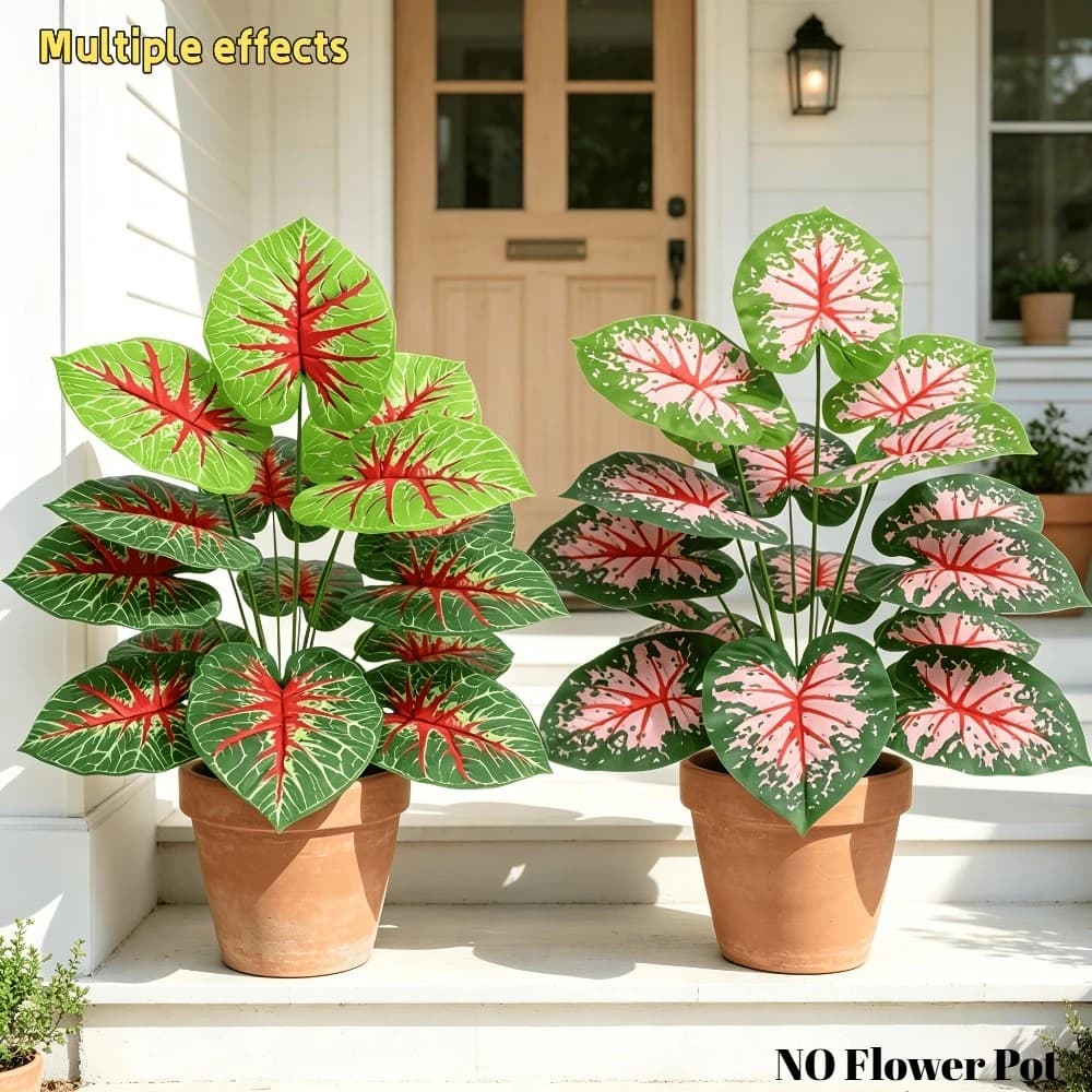 2PC Artificial Green Plants Pink and Red Heart Taro Leaf Sets Nordic Style Floor Potted Plants for Home Wedding Christmas Decor