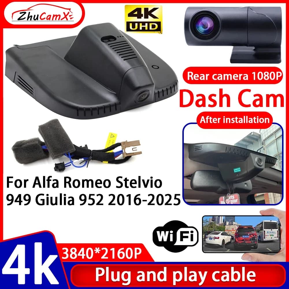 Videoregistratore ZhuCamX con Visione Notturna 4K UHD, Plug and Play, Dash Cam per Auto Alfa Romeo Stelvio 949 Giulia 952 2016-2025