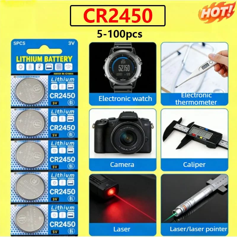 5-100 pz. Batteria a bottone al litio CR2450 3V 600mAh per telecomando chiave BMW, calcolatrice, orologio, termometro