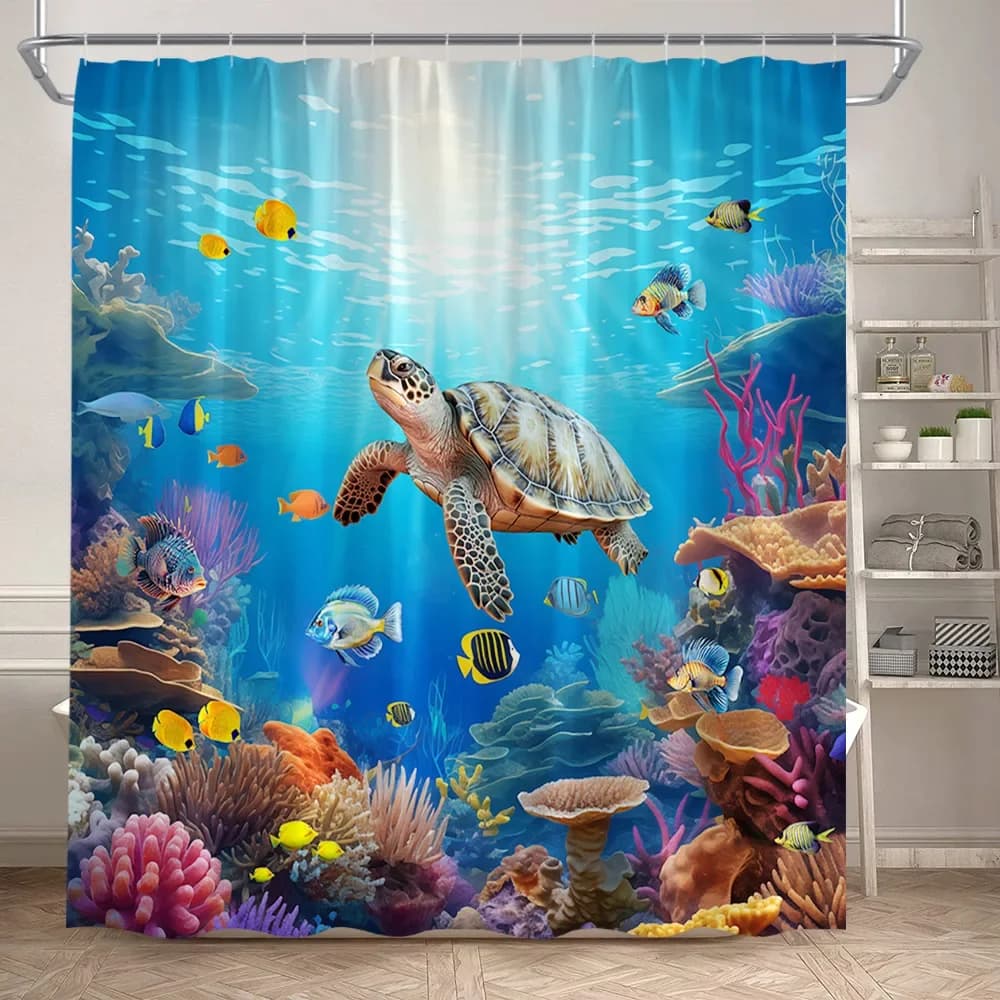 Animali dell'oceano Tartaruga marina Tende da doccia Pesci tropicali Corallo Scenario naturale subacqueo Tenda da bagno per bambini Decorazioni per il bagno di casa