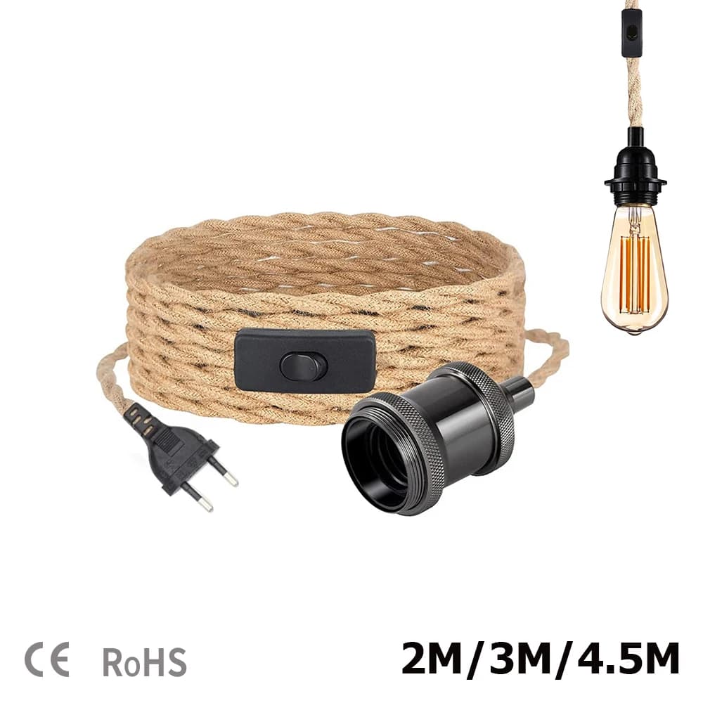 4,5 m power cord Twist hemp rope cables for E26 E27 European plug lamp holder with switch cable Edison bulb socket cable