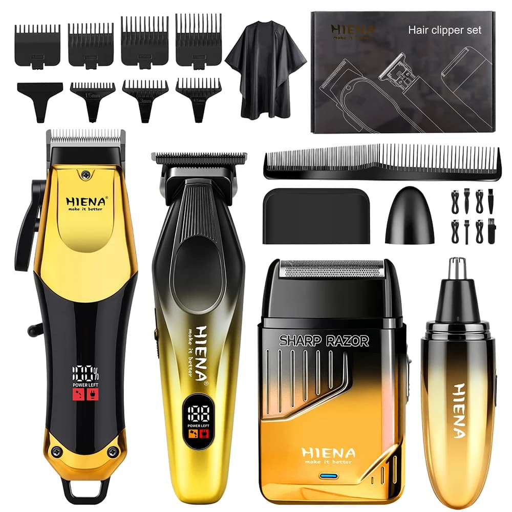 HIENA Gradient Gold 4IN1 Hair Clipper Kit LCD T Trimmer Foil Shaver Nose Trimmer USB Recharge Men Barber Salon Tools