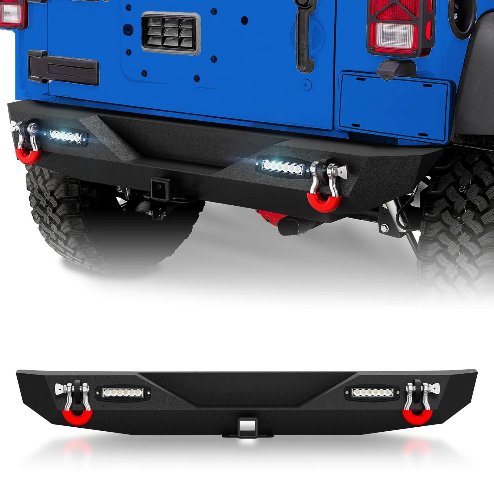 Paraurti posteriore con ricevitore gancio da 2" + anelli a D + luci a LED per Jeep Wrangler JK JKU Unlimited Off-Road 2007-2018