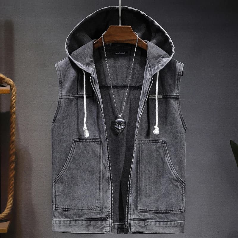 Nuovo Gilet in Denim da Lavoro per Uomo, con Cappuccio e Senza Maniche, Versatile per Uso Quotidiano, Giacca con Spalline, Abbigliamento Casual Unisex
