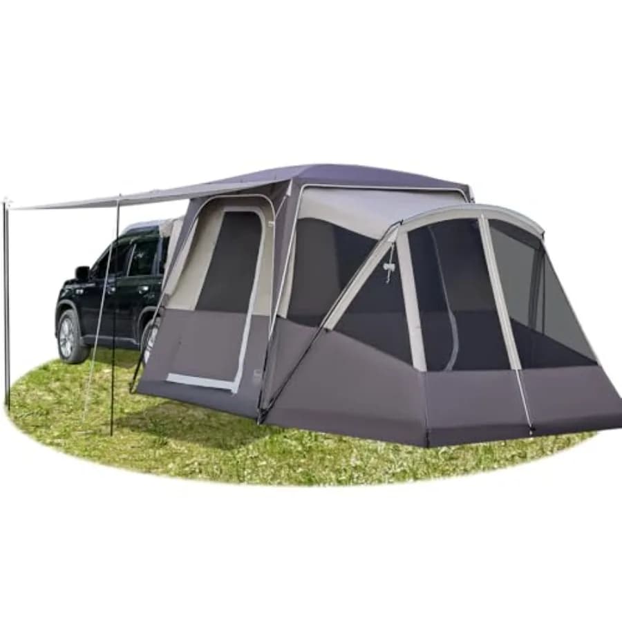 SUV Tent for 5-9 Persons with Screen Porch Awning, Weather-Resistant Polyester, Gray/Black, Portable Car Camping Tent with Rain