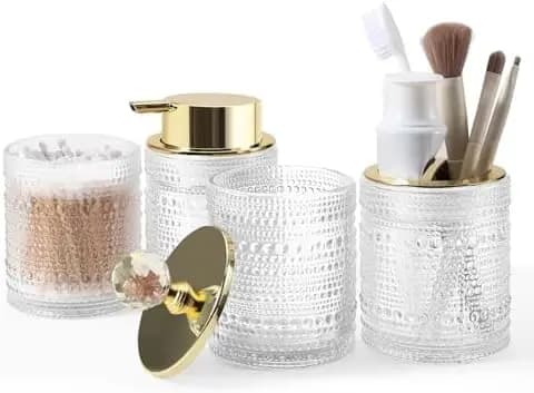 DASITON Set da bagno in vetro da 4 pezzi con dispenser per schiuma e portaspazzolino - Trasparente A