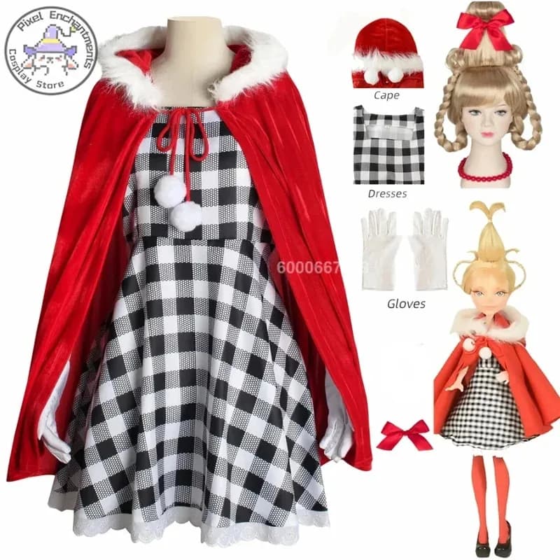 Cindy Lou Who Costume Cosplay Red hood Mantle Dress Scots Wig Green Braid Christmas for Women Girls Dresses for Theater Shows