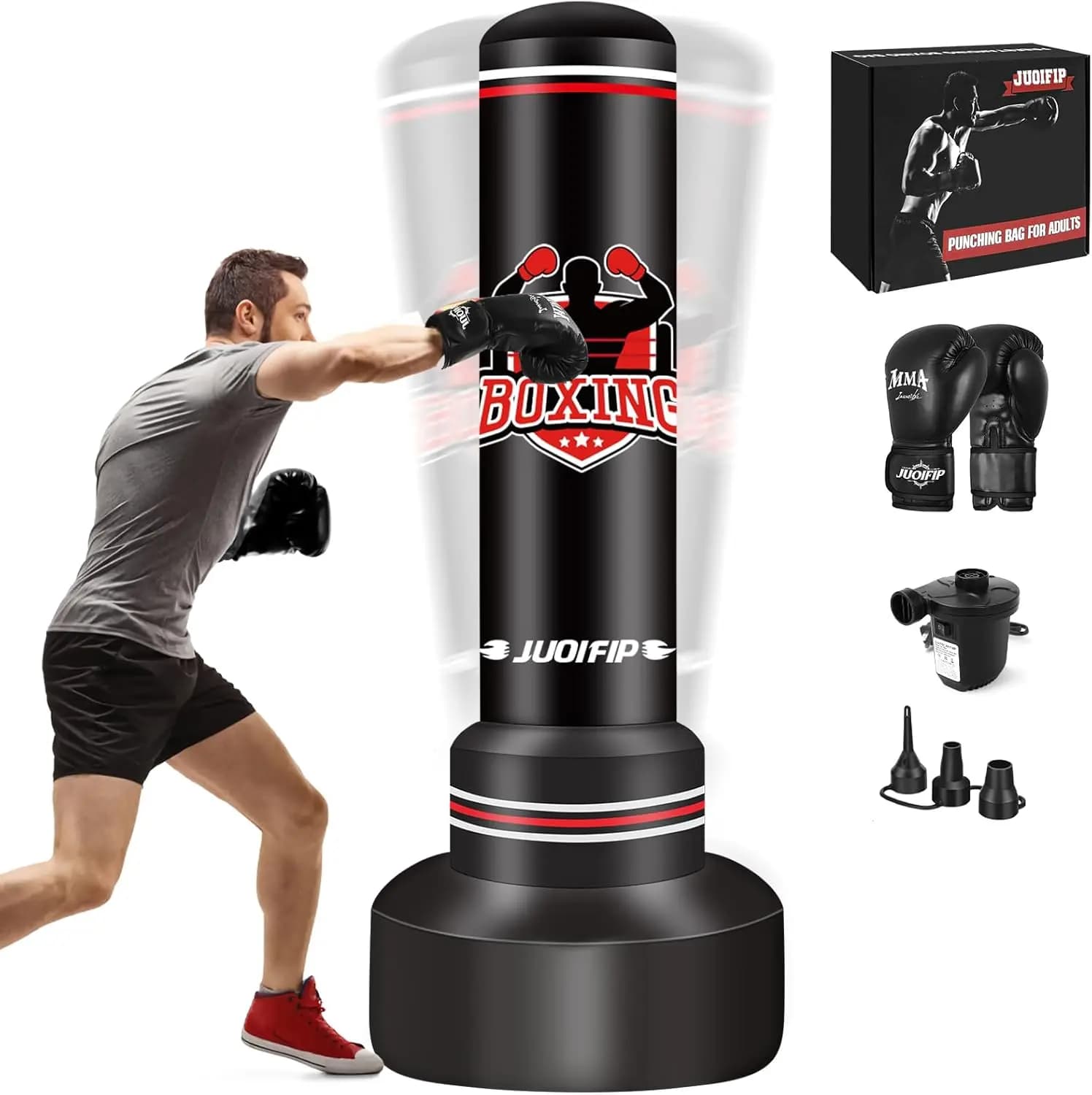 Set of 70" self-supporting boxing bags with gloves and air pump, training equipment for heavy kickboxing for adults and teenagers