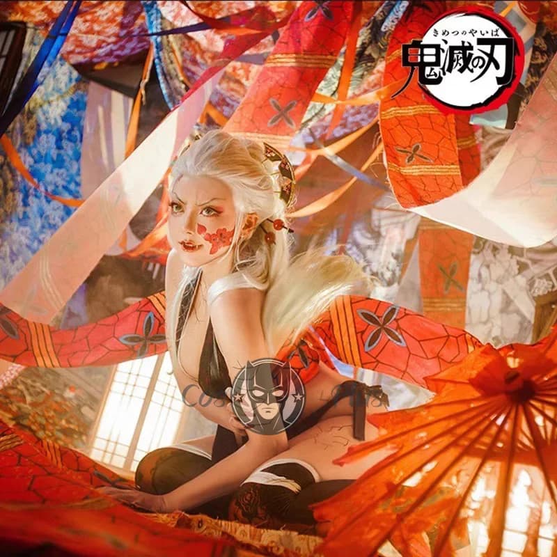 Costume Cosplay Demon Daki con Copricapo e Calzini - Anime Kimetsu No Yaiba, Copricapo Verde, Arco del Distretto del Divertimento di Sesta Classe