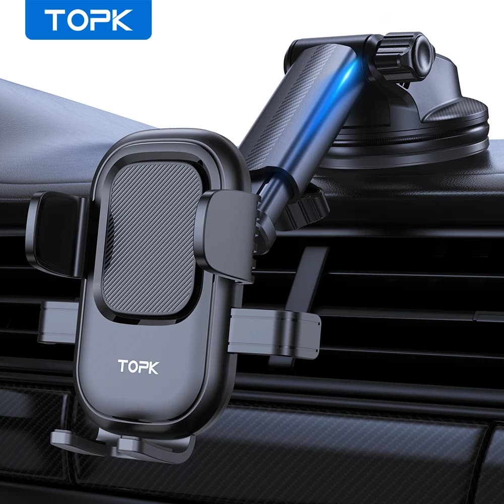 TOPK Supporto per telefono per auto con ventosa, presa forte, supporto regolabile per cruscotto/parabrezza, adatto per tutti gli smartphone iOS/Android