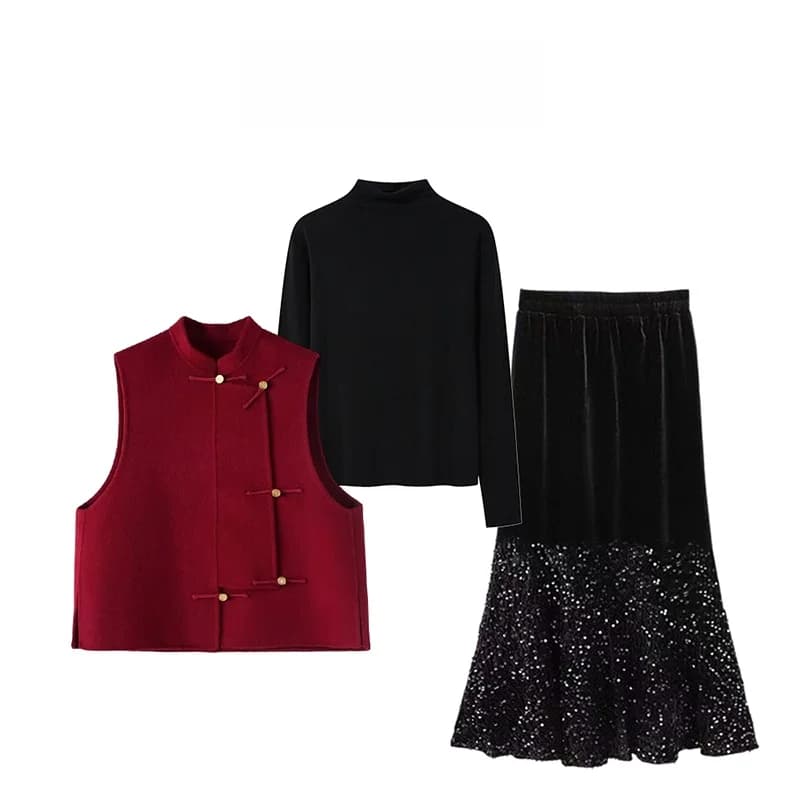 Black High Waist Shiny Sequin Blouse Stand Collar Vest Fashion Three Piece Set Women's Casual Style Polyester Autumn Winter S...