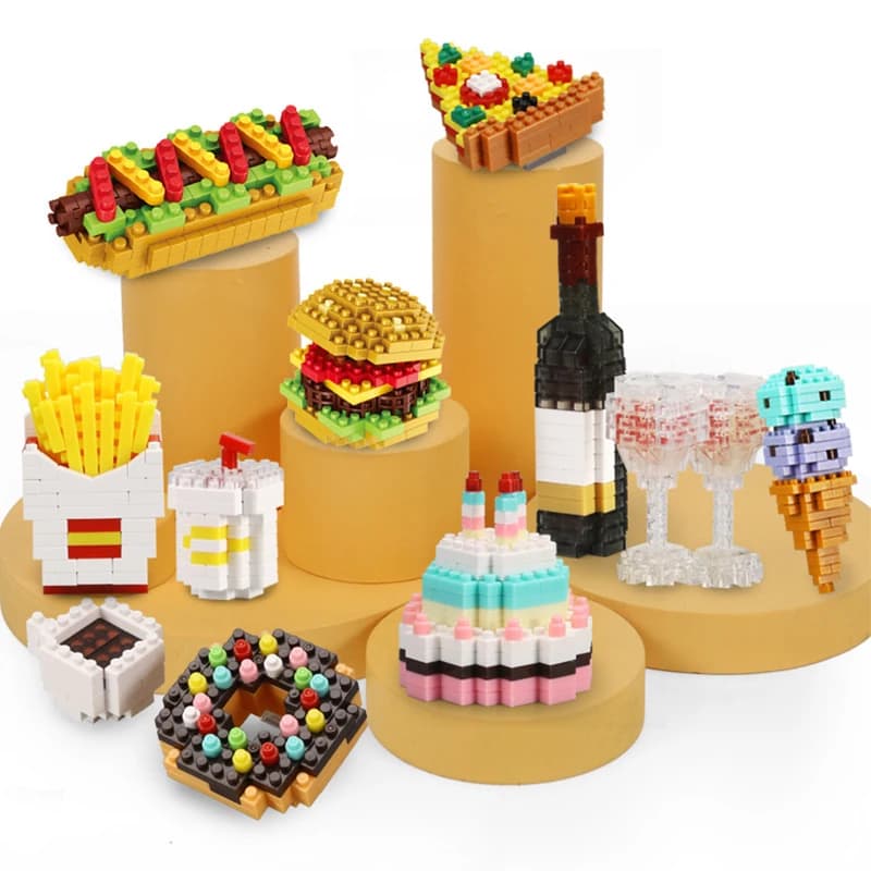 Mini building blocks food fast food model 3D brick DIY burger chips wine miniature particle puzzle kids assembly toy gifts