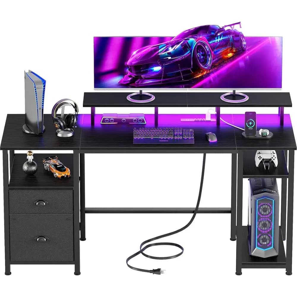 Large 61 LED Gaming Desk with Power Outlets, Reversible Design, Storage Cabinet & Monitor Stand, Black