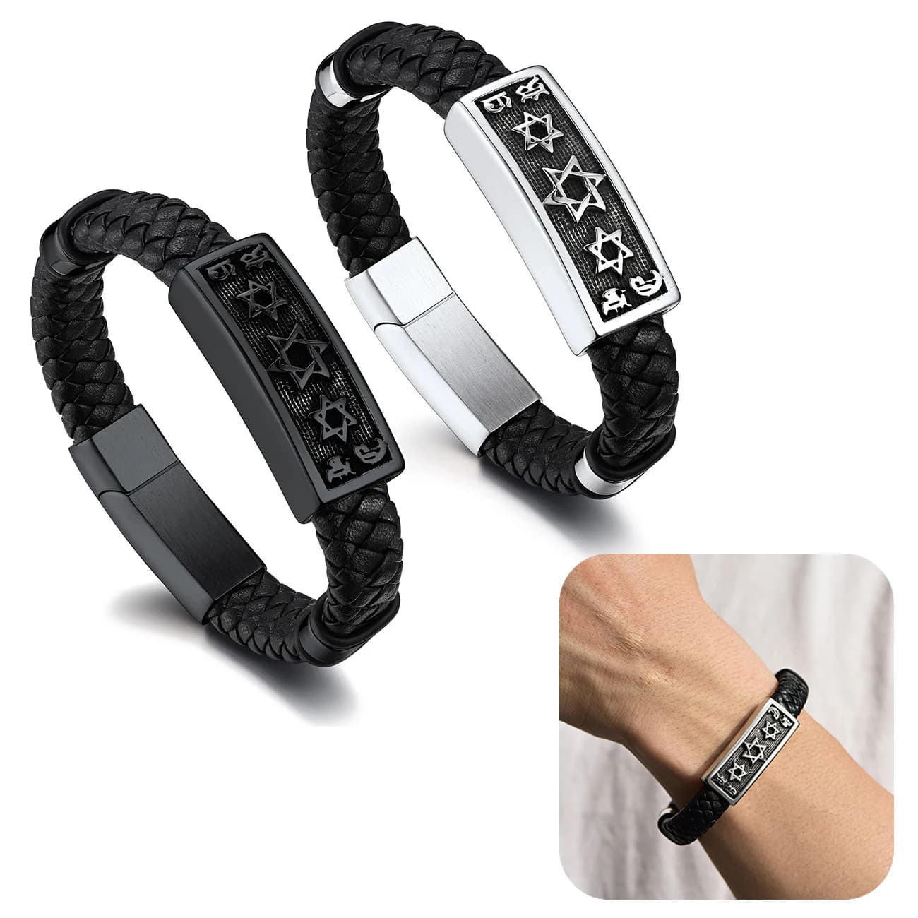 Bracciale da Uomo in Acciaio Inossidabile con Stella di David, Cinturino in Pelle Nera da 13mm, 19/21/23cm, Chiusura Magnetica di Sicurezza, Gioiello Regalo
