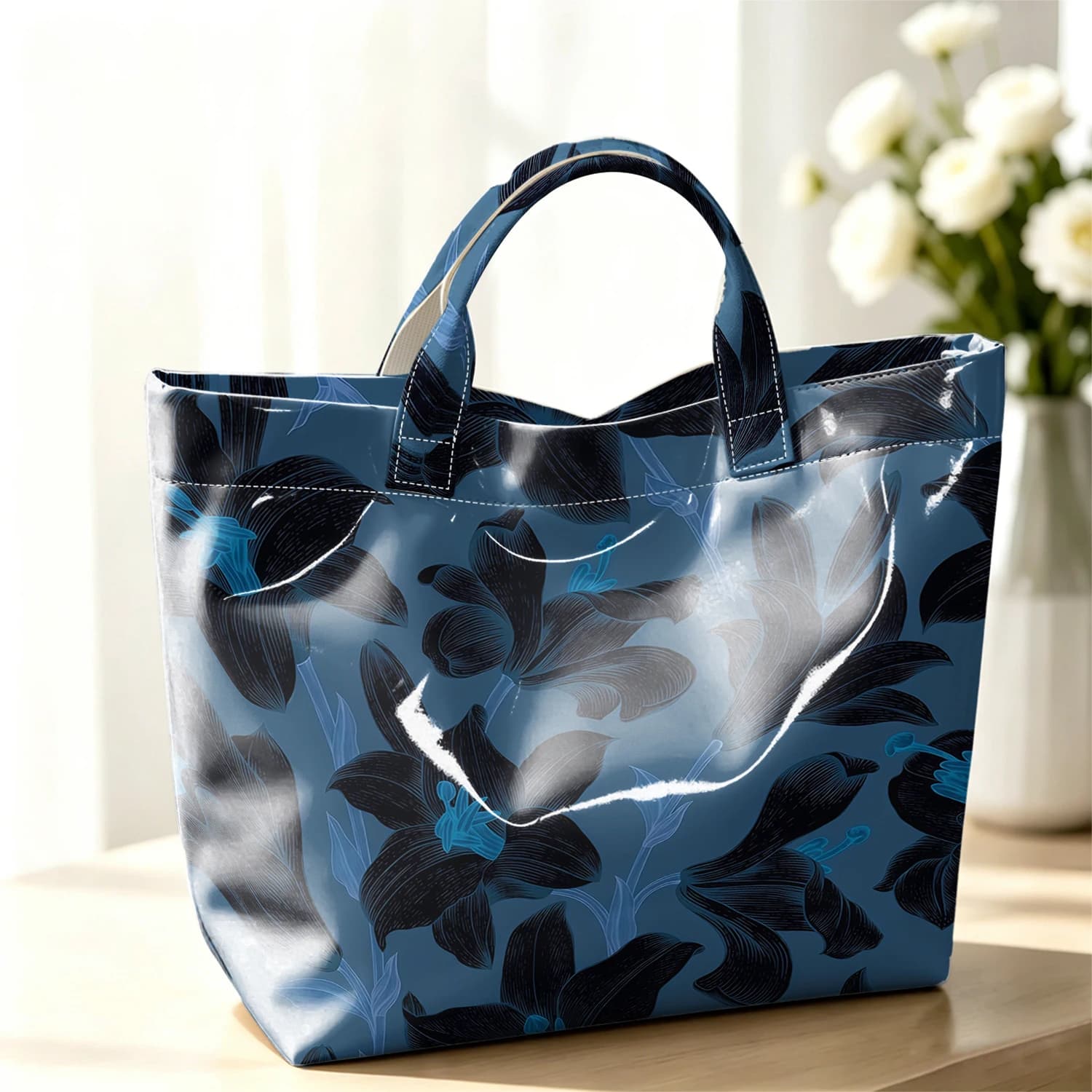 Midnight Lily Cute Large Glossy PVC Tote Bag Hand Washable Lightweight Soft Great for Travel Commute Makeup Storage Handbags