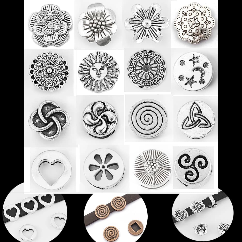 10 pieces in seed beads alloy flowers slider beads spacer beads for 5mm/10mm/12mm/14mm flat leather cable diy jewelry making accessories