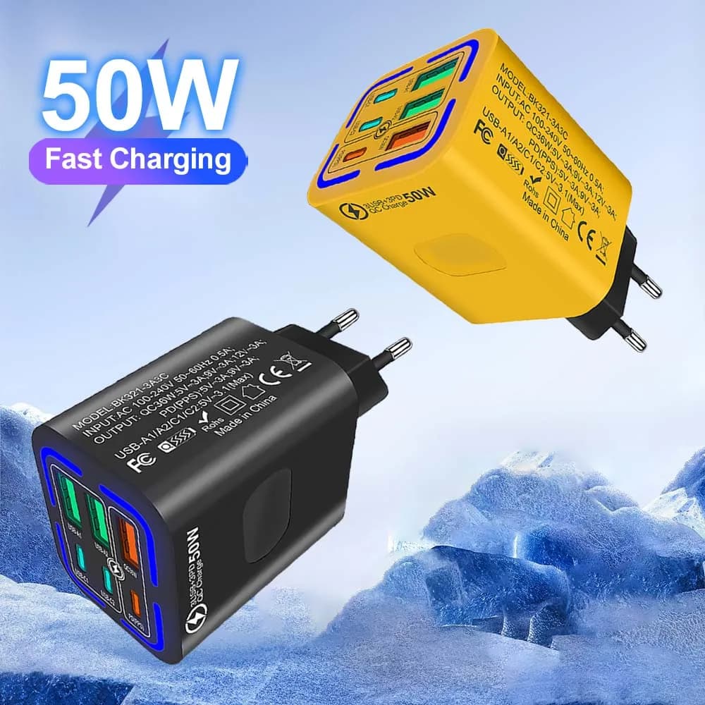 Caricatore da muro 50W 3USB+3PD Adattatore di ricarica rapida a 6 porte per iPhone Xiaomi Samsung Mobile Spina UE/USA/Regno Unito