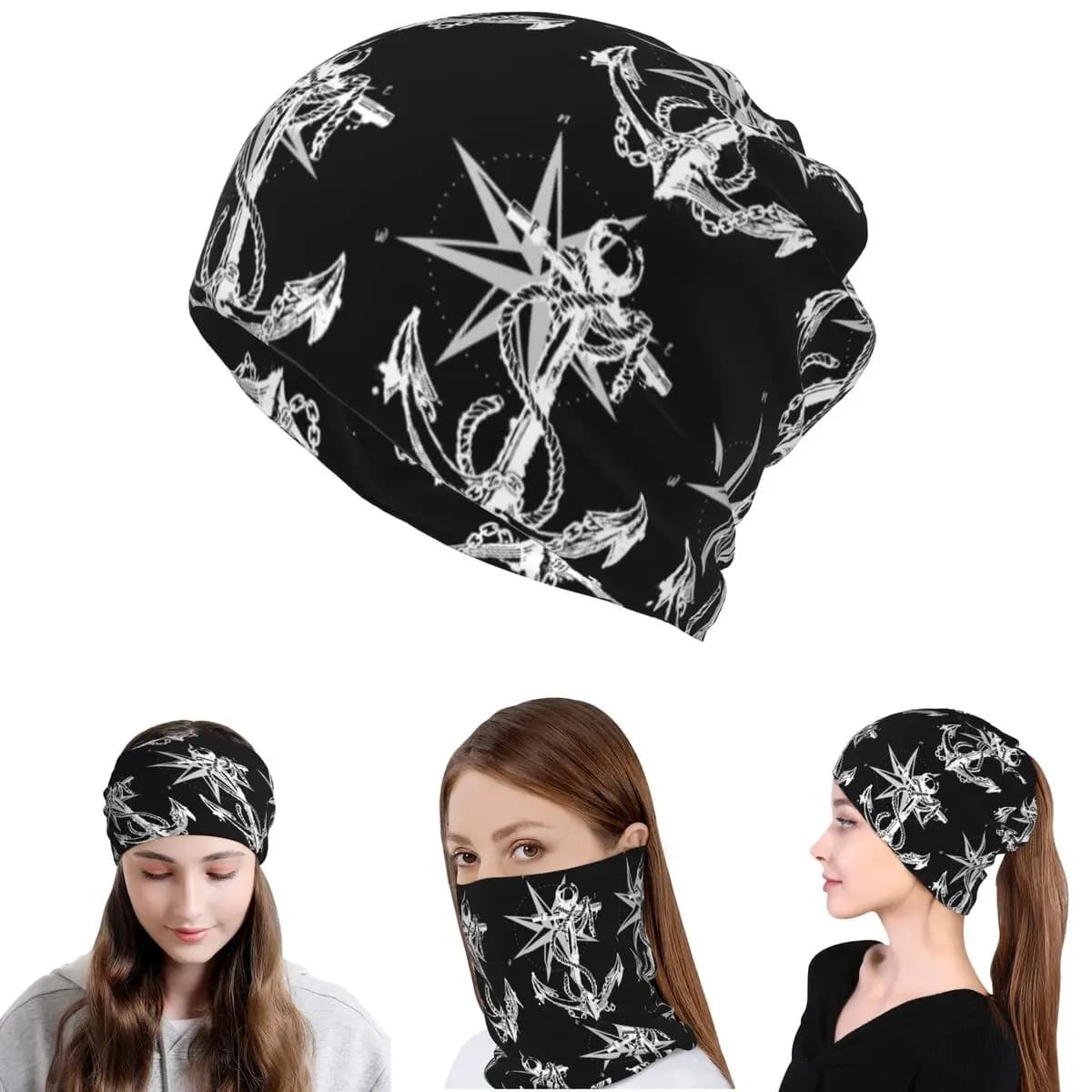 Bandana Nautica con Bussola e Ancora, Sciarpa Multiuso per Ciclismo, Cappello Beanie Unisex per Adulti, Antivento