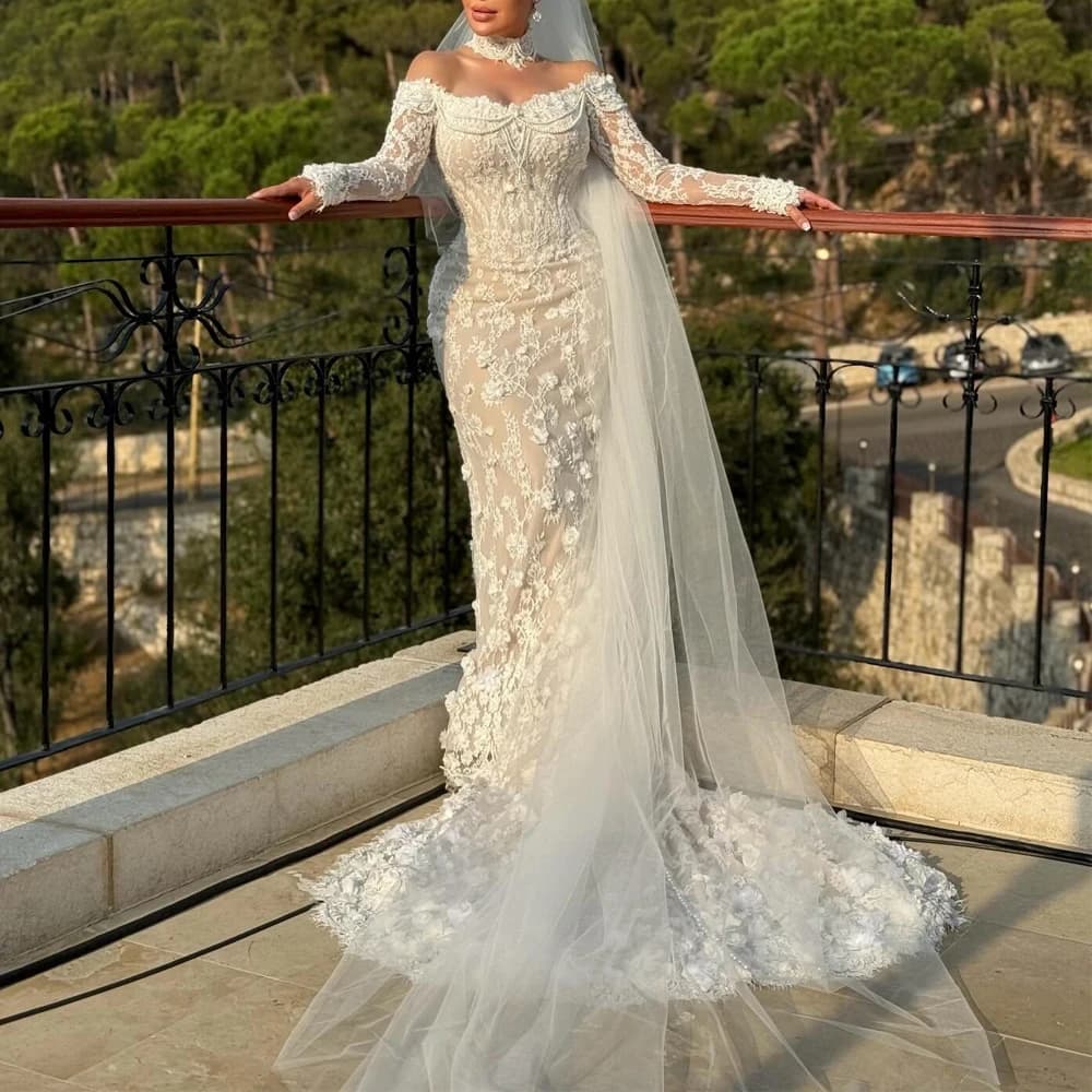 Abito da sposa a sirena in pizzo vintage personalizzato con spalle scoperte Abito da sposa floreale con perle che bordano l'abito da sposa arabo Dubai