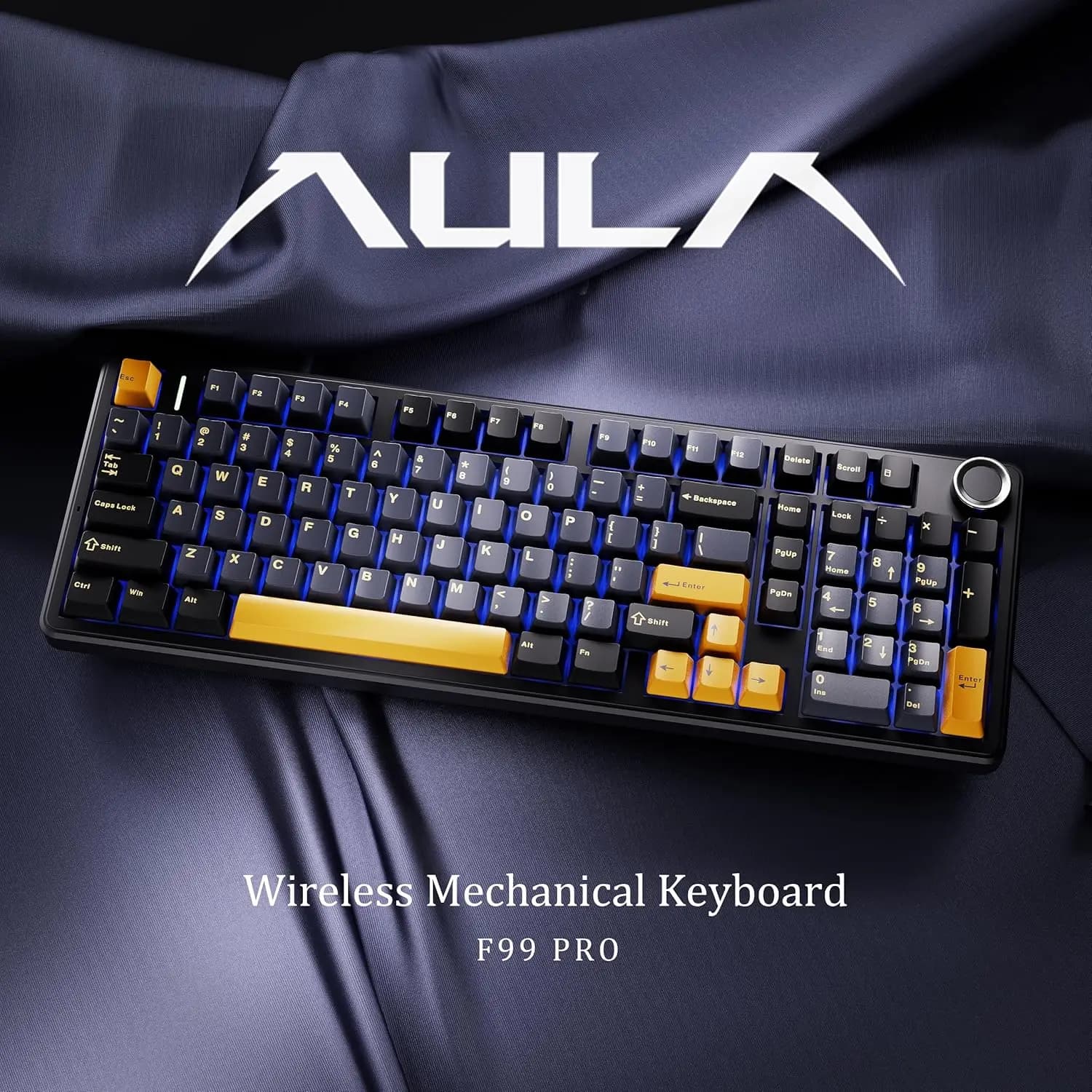 Tastiera Meccanica da Gaming AULA F99PRO, 99 Tasti, Tre Modalità Wireless, Hot Swappable, Struttura Gasket, Tastiera Personalizzabile con Manopola Multimediale